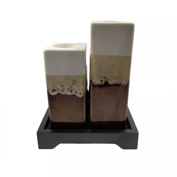 Ceramic Tea Light Candle Holder Set of 4 On Wooden Base - Picture 3 of 5